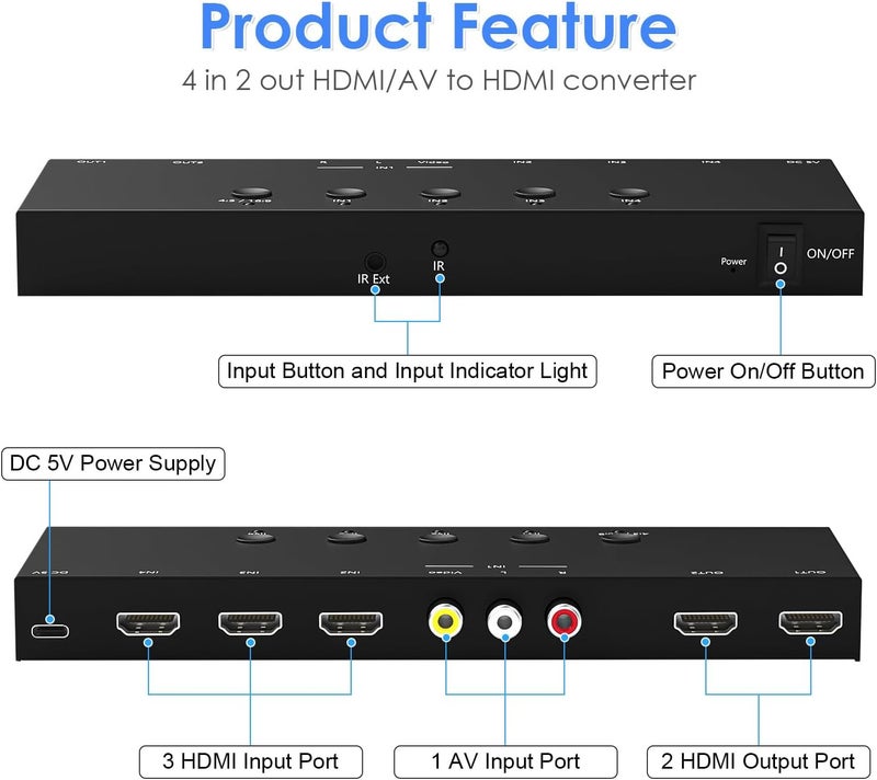 OseTub مفتاح HDMI و AV 2 في 1، 3 مدخلات HDMI + 1 مدخل RCA مع 2 مخرج HDMI، يدعم HDCP 2.2، 3D، نسبة العرض إلى الارتفاع 4:3/16:9، متوافق مع Xbox/Nintendo Switch/PS5/4، Roku/Wii/N64 - العب ألعاب حديثة وRetro على تلفازين - Image 2